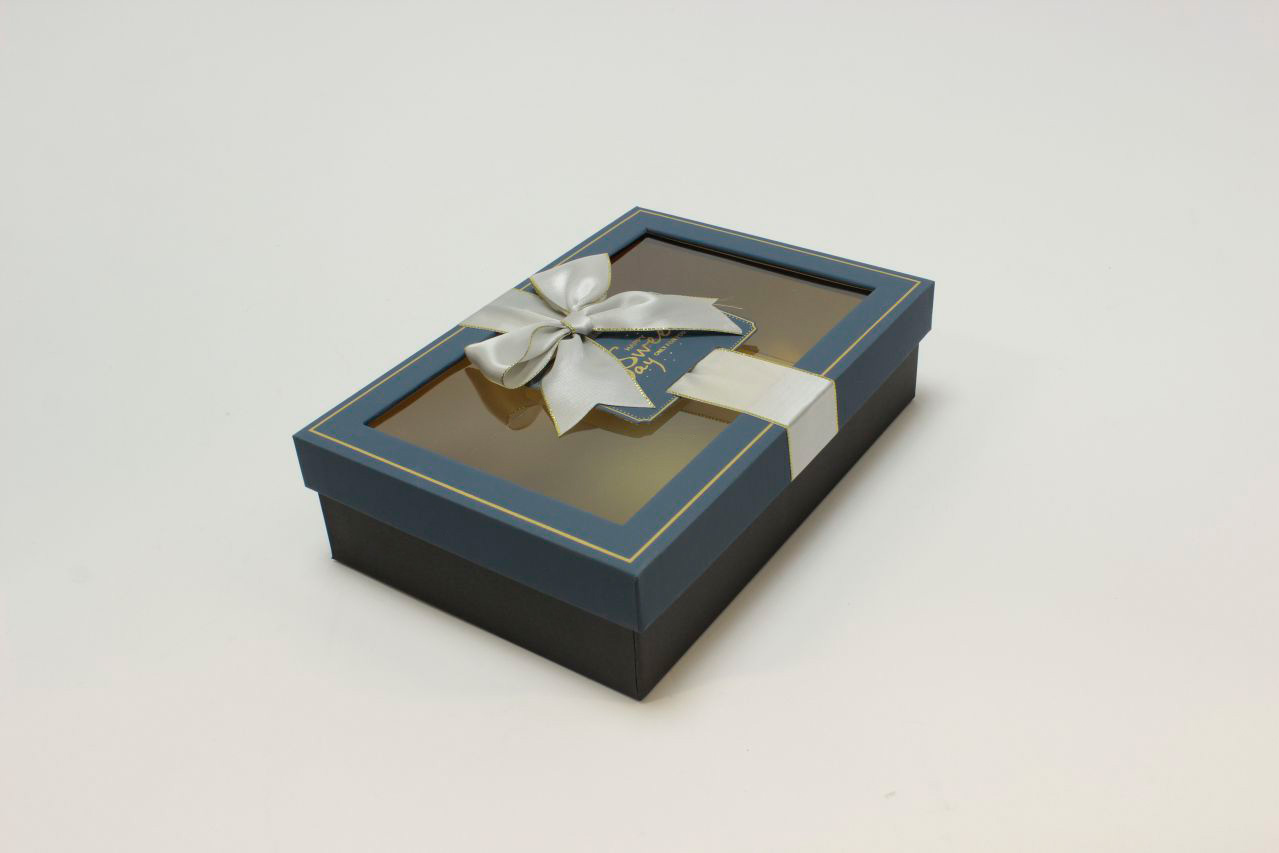 Коробка Прямоугольная с окошком и бантом "luxe" 24,5*17*6,5 см, Синий/Чёрный (Арт) 72091306/5-3