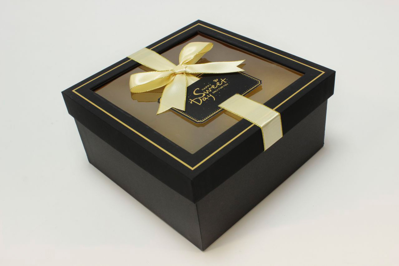 Коробка квадрат с окошком и бантом "luxe" 19*19*9,5 см, Чёрный (Арт) 72092301/7-1