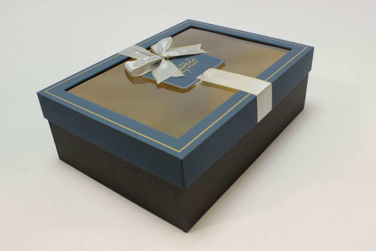 Коробка Прямоугольная с окошком и бантом "luxe" 33,5*25*11,5 см, Синий/Чёрный (Арт) 72091306/5-1